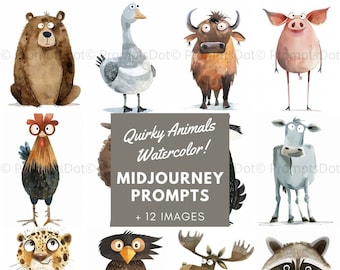 Midjourney Prompts for Quirky Animal Clipart Creation, Watercolor Clipart Prompts, Whimsical Animals, Quirky Animals Prompts, Farm, Woodland