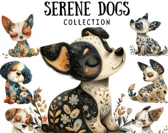 Whimsical Dog Clipart PNG Bundle: Serene Folk Art (Commercial Use)