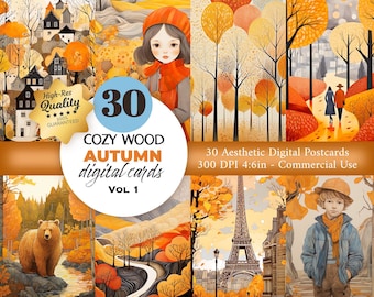 Cozy Autumn Postcard Set, Fall Art (Digital Download, Commercial Use)