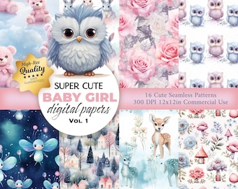 Baby Girl Seamless Pattern: Watercolor Animals, Florals (Digital Paper)