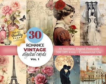 30 romantycznych pocztówek vintage: do druku efemerydy z dziennika śmieci (pobranie cyfrowe)