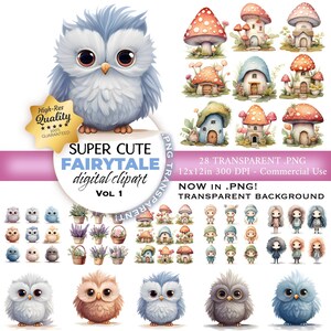 28 niedliche Märchen Clipart, Eule Clipart, Baby Clipart PNG, Pinnwand-Deko, Märchenkarte, Kinderzimmer-Papiermodell, Instant Download, PNG