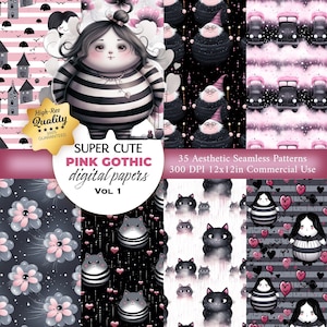 35 Cute Gothic Pattern, Pink Halloween Seamless Pattern, Black and Pink Paper, Gothic Digital Paper - Repeating Pattern For Fabric, Wrapping