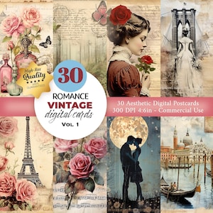 30 cartes postales vintage romantiques, carte postale vintage imprimable, ensemble de cartes postales, art vintage imprimable - Fournitures de journal indésirable - Téléchargement instantané