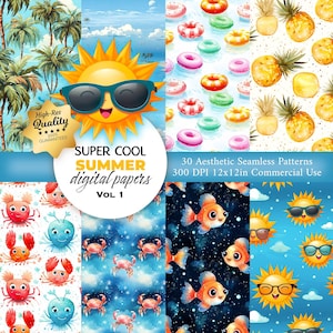30 Patrón de verano - Patrón sin costuras de verano en la playa - Papel digital de verano - Patrón repetido para tela, envoltura, scrapbooking, fabricación de tarjetas