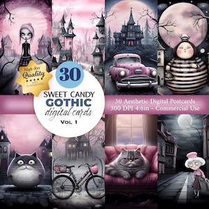 30 süße Gothic Postkarten und Poster Set, Fantasy Postkarten zum Ausdrucken, süße rosa digitale Karten, Postkarten Set, sofortiger Download, kommerzielle Nutzung