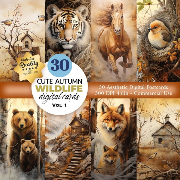 30 Animals Postcard and Poster Set, Autumn Postcard Printable, Wildlife, Cubs, Poster Digital, Postcard Set, Printable Art, Instant Download