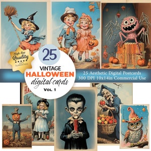 25 vintage Halloween Postcard and Poster Set, Retro Halloween, Digital Halloween Greeting Cards, Junk Journal, Scrapbooking, COMMERCIAL USE