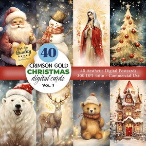 40 Weihnachten Postkarte und Poster Set, Crimson Gold Postkarte druckbar, Weihnachtsmann Poster Digital, Postkarten Set, druckbare Kunst, Sofort Download