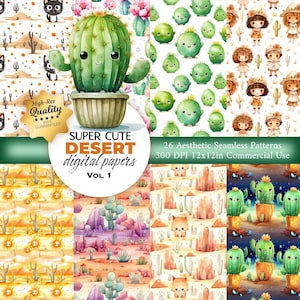 26 Patrón del desierto, Patrón sin costuras de animales, Papel digital de cactus, Patrón de repetición de paisaje para tela, Scrapbooking, Fabricación de tarjetas, Desierto