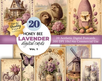 20 starych cyfrowych pocztówek z pszczołami i lawendą: Ephemera z Junk Journal (do natychmiastowego pobrania)