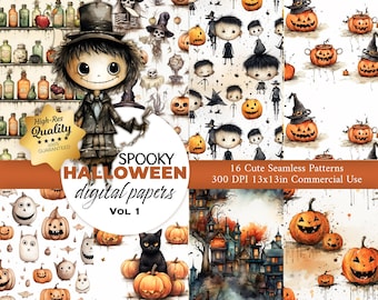 May include: A set of 16 digital papers featuring cute Halloween illustrations. The papers include pumpkins, ghosts, cats, witches, and houses. The papers are 300 DPI and 13x13 inches. They are perfect for crafting, scrapbooking, and other creative projects.