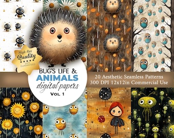 Forest Animal Seamless Pattern: Bugs & Animals Digital Paper (Digital Download)