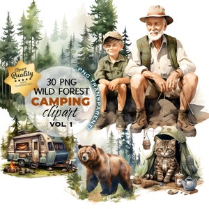 30 Camping Clipart, Aquarelle de camping, Chiens de camping, Décor de planche de terrain de camping, Artisanat en papier de camping, Clipart caravane, Clipart forêt, PNG
