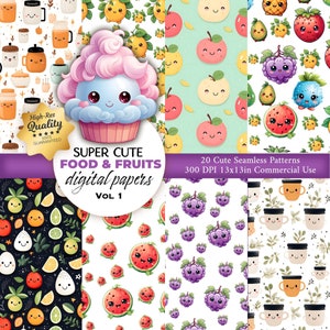 20 Kawaii Food Pattern - Früchte nahtlose Muster - Früchte digitales Papier - wiederholendes Muster für Stoff, Verpackung, Scrapbooking, Kartenherstellung