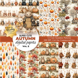 12 Padrão de Outono - Árvores Ursos Padrão Sem Costura - Papel Digital de Outono - Padrão de Repetição para Tecido, Embrulho, Fabricação de Cartões, Scrapbooking