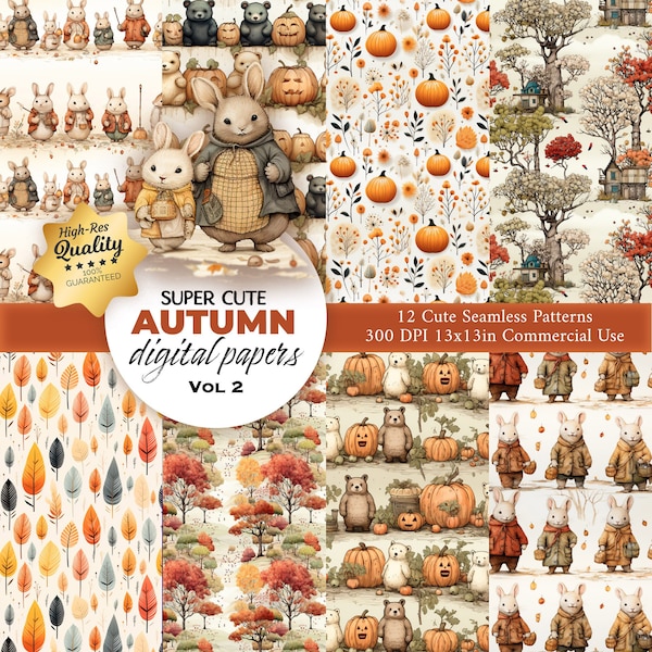 12 Autumn Pattern - Trees Bears Seamless Pattern - Autumn Digital Paper - Repeating Pattern For Fabric, Wrapping, Card Making, Scrapbooking