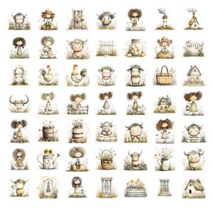 May include: A collection of watercolor illustrations featuring farm animals, children, and rural scenes. The images include cows, chickens, girls, houses, and floral elements, all in a soft, pastel color palette. The illustrations are whimsical and charming.