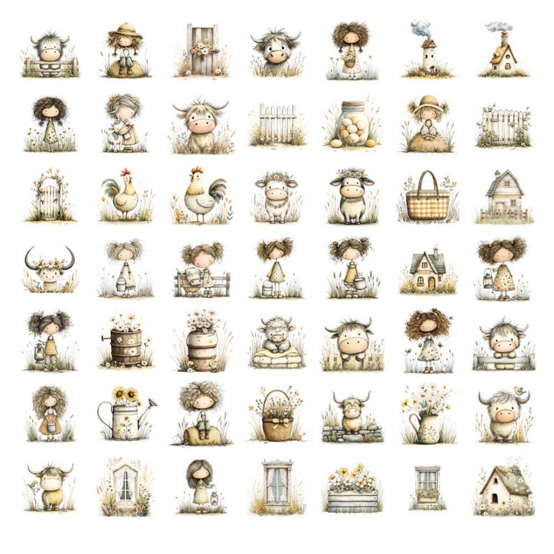 May include: A collection of watercolor illustrations featuring farm animals, children, and rural scenes. The images include cows, chickens, girls, houses, and floral elements, all in a soft, pastel color palette. The illustrations are whimsical and charming.