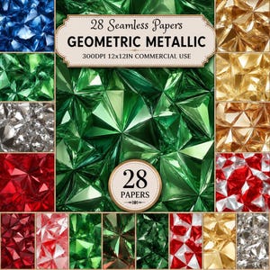 Può includere: Una collezione digitale di 28 carte geometriche metallizzate senza giunture con texture sfaccettate simili a fogli di alluminio in verde, blu, oro, argento e rosso. Il testo recita 28 Seamless Papers GEOMETRIC METALLIC 300DPI 30x30CM.
