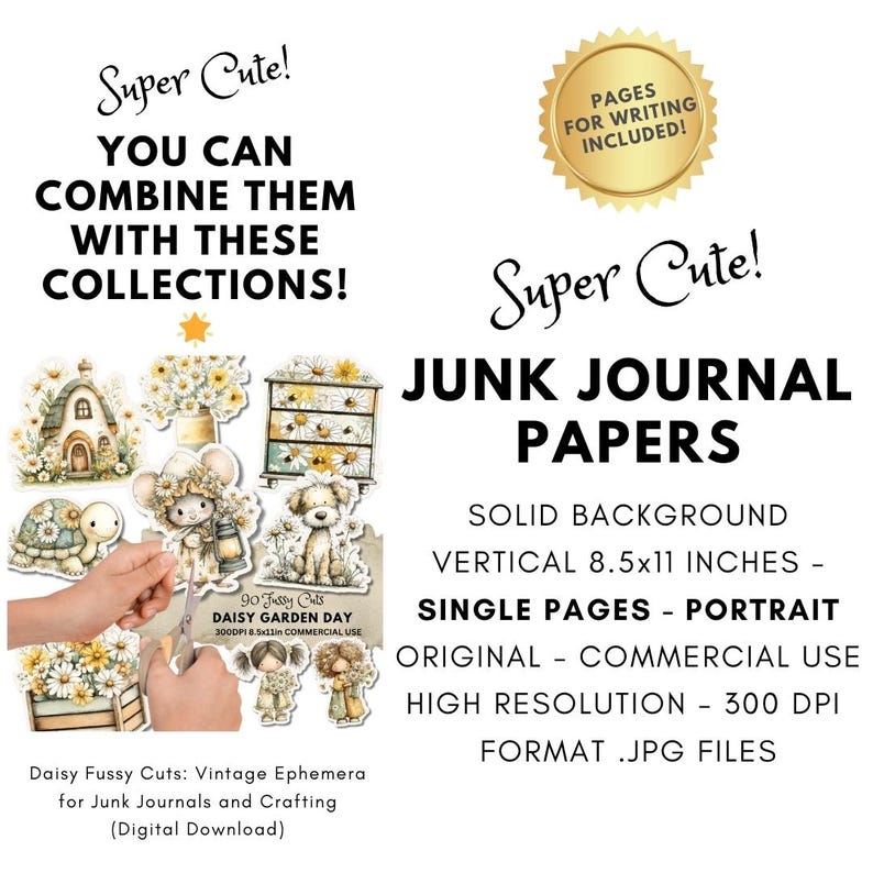 Peut inclure: T&eacute;l&eacute;chargement num&eacute;rique de papiers de journal intime avec un fond uni. L'image comprend le texte "Super Cute!" et "Junk Journal Papers". Les papiers sont verticaux, 21,59 x 27,94 cm, pages simples et format portrait. L'image comprend &eacute;galement Daisy Fussy Cuts: Vintage Ephemera.