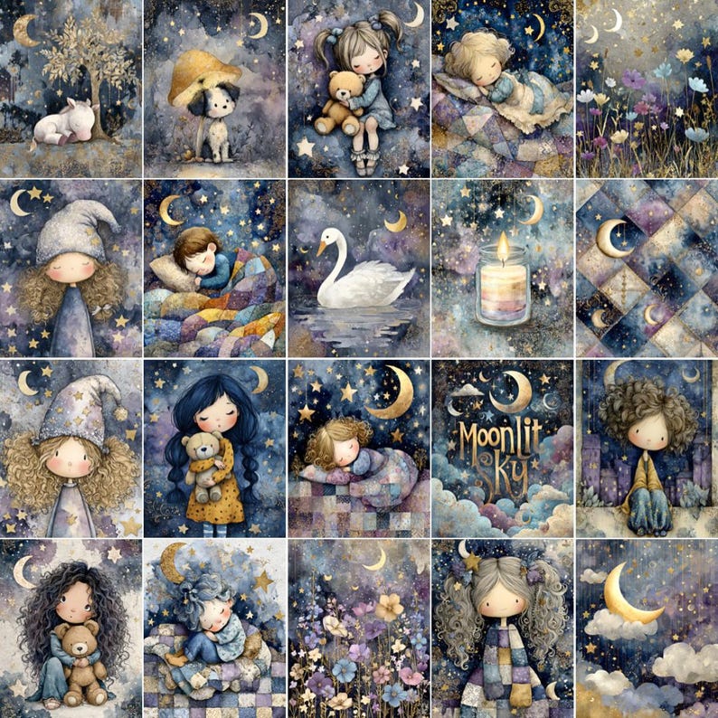Bedtime Junk Journal Pages: Moon and Stars Digital Papers (digital ...