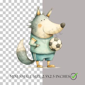 May include: A watercolour illustration of a cartoon wolf in a light blue soccer uniform, holding a football. The image is labelled "MINI SMALL SIZE 6.35x6.35 cm".