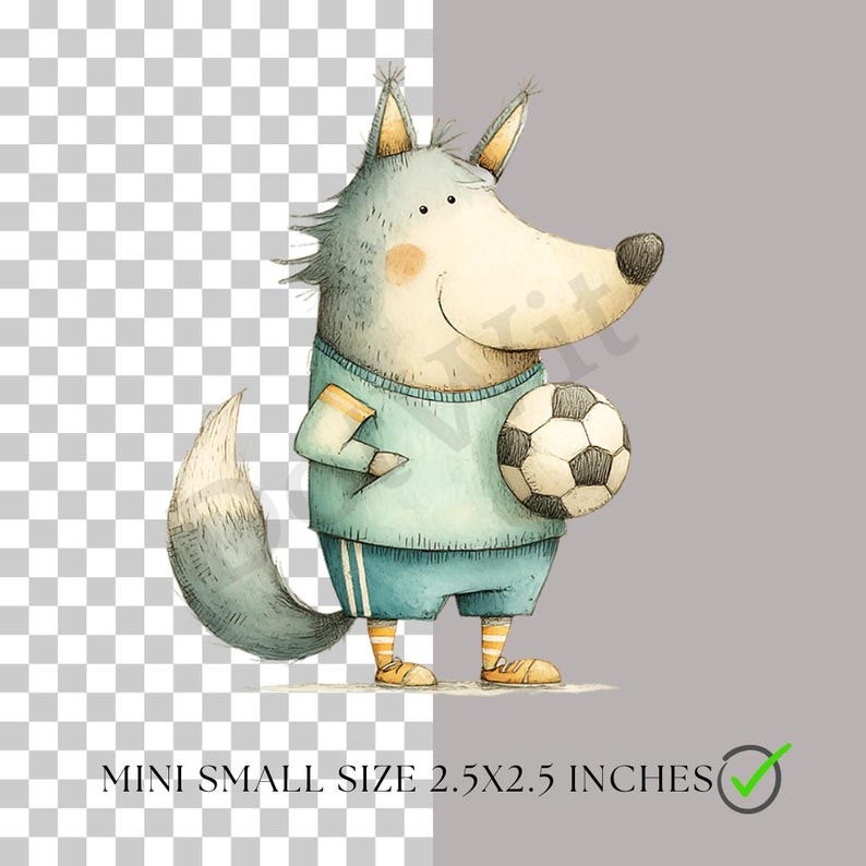 May include: A watercolour illustration of a cartoon wolf in a light blue soccer uniform, holding a football. The image is labelled "MINI SMALL SIZE 6.35x6.35 cm".