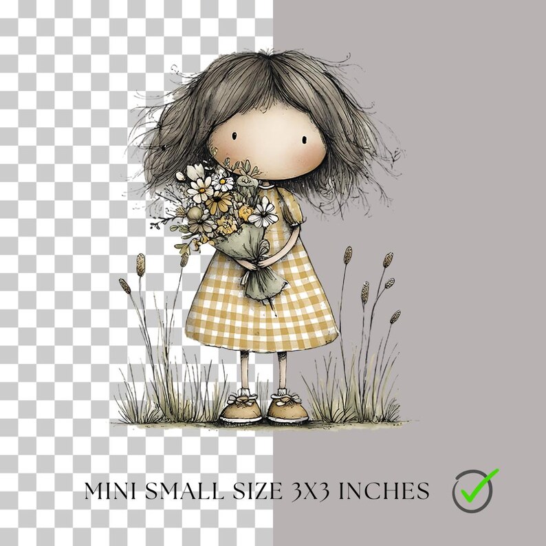 May include: Illustration of a girl with long brown hair holding a bouquet of flowers. She wears a yellow and white checkered dress and tan shoes. The image includes the text "MINI SMALL SIZE 3X3 INCHES".