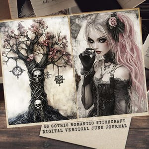 Gothic Witch Junk Journal, digitale plakboekpagina's, zwart en roze, Wizard Junk Journal, efemere hekserijpapieren, romantische gotische heks