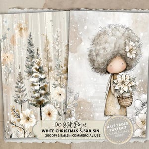 May include: A two-page spread featuring a watercolor illustration with a winter theme. One page displays stylized evergreen trees and floral elements in neutral tones. The other page shows a doll-like figure with a large, fluffy hairstyle, holding a basket of flowers. Text reads "WHITE CHRISTMAS 5.5X8.5IN".