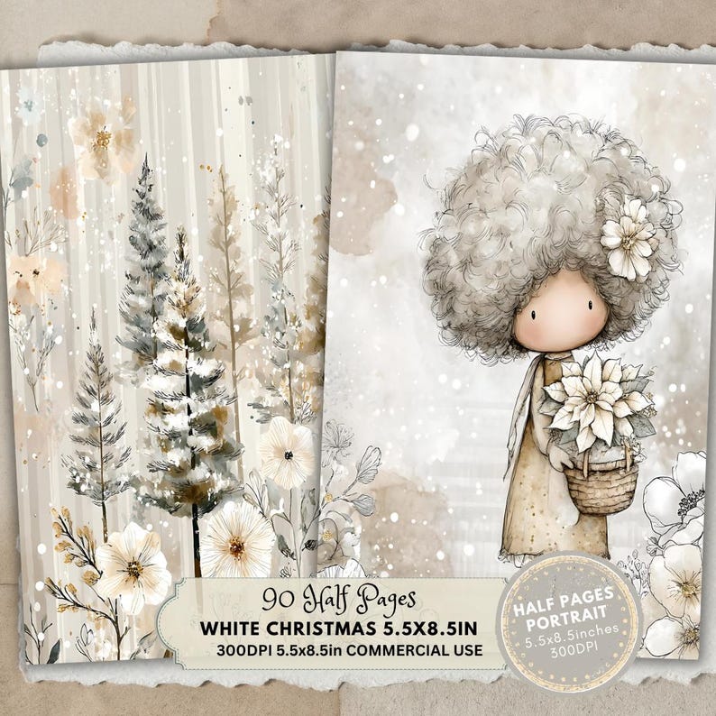 May include: A two-page spread featuring a watercolor illustration with a winter theme. One page displays stylized evergreen trees and floral elements in neutral tones. The other page shows a doll-like figure with a large, fluffy hairstyle, holding a basket of flowers. Text reads "WHITE CHRISTMAS 5.5X8.5IN".