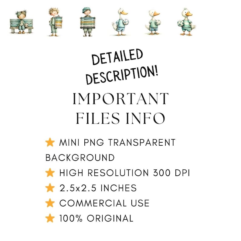 May include: A collection of watercolour illustrations featuring children and ducks. The image includes text that reads "DETAILED DESCRIPTION! IMPORTANT FILES INFO" and details about the image, including "2.5x2.5 INCHES".