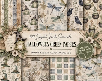 Halloween Ephemera Pattern Papers, Green Grunge Printable Backgrounds, Geometric Floral Scrapbook Pages Digital Download