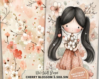 Cherry Blossom Half Pages: Valentines Pink Ephemera (Digital Download, Portrait 5.5x8.5 in)