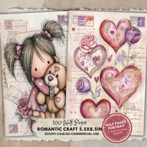 Op de afbeelding: Romantisch knutselpapier met illustraties van een meisje dat een teddybeer omhelst, harten en rozen. Het ontwerp bevat de tekst "100 Half Pages" en "Romantic Craft 5.5X8.5in". Het papier is 14 x 21,6 cm groot.