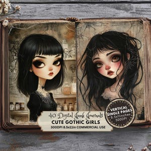 Gothic Doll Junk Journal Pages, Gothic Girl Ephemera, Cute Gothic Prints, Digital Paper, Scrapbook Paper, Dark Fantasy Cartoon
