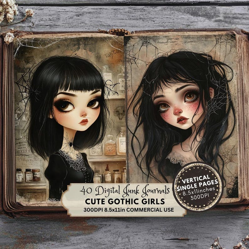 Gothic Doll Junk Journal Pages, Gothic Girl Ephemera, Cute Gothic Prints, Digital Paper, Scrapbook Paper, Dark Fantasy Cartoon