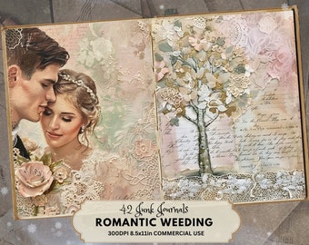 May include: A digital collage featuring a romantic couple with a floral tree in the background. The image is titled "42 Junk Journals Romantic Wedding" and includes the text "300DPI 8.5x11in COMMERCIAL USE".