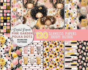 Garden Seamless Papers, Polka Dots Scrapbook Paper, Floral Printable Holiday Designs for Crafts