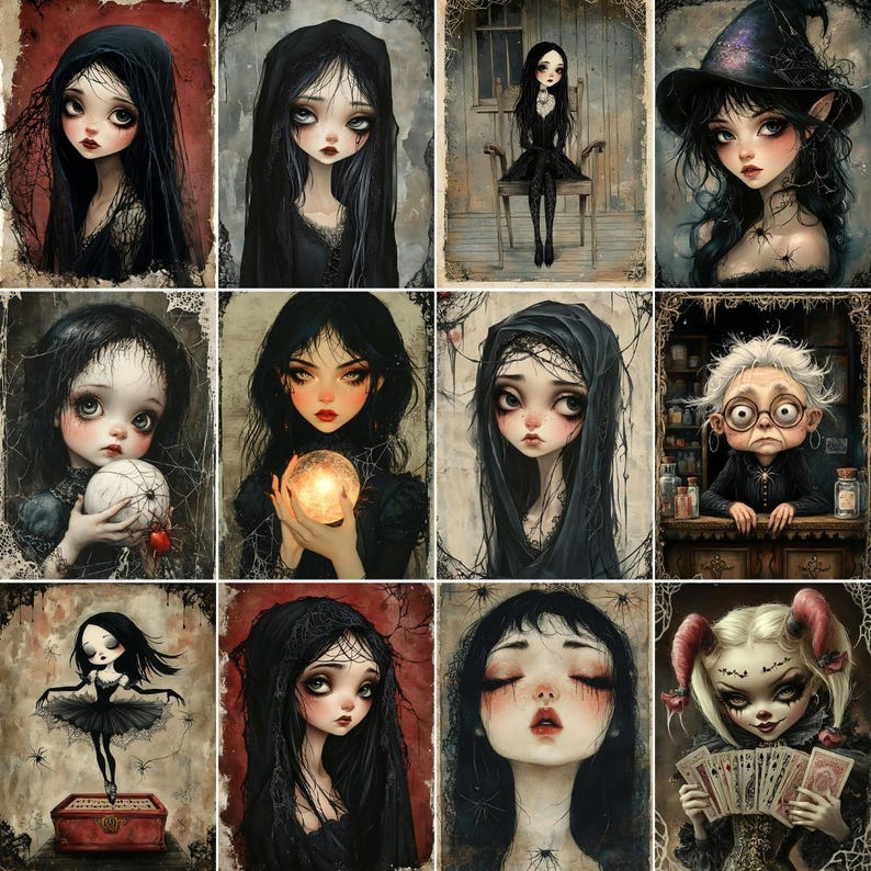 May include: A digital collage of ten illustrations featuring various characters with dark hair and gothic-inspired clothing. The characters are depicted in different poses and settings, including a spiderweb, a forest, and a graveyard. The illustrations are done in a dark and whimsical style.