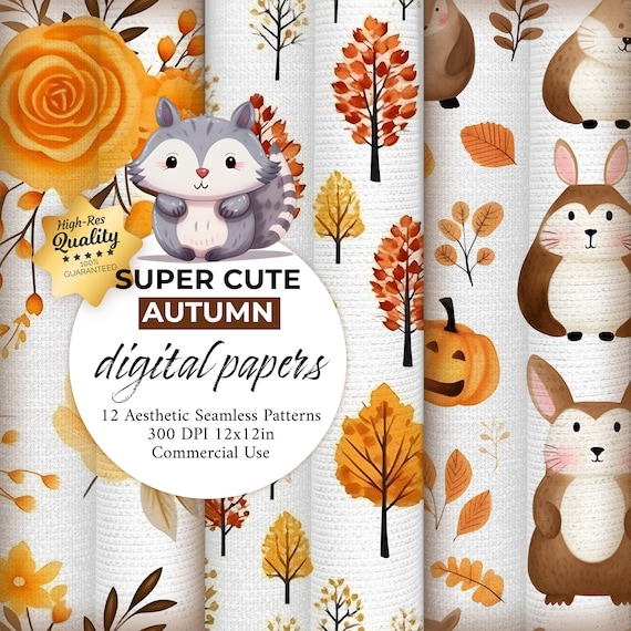 Autumn Animal Seamless Paper, Fall Patterns (Digital Download)