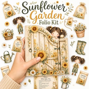 以下が含まれることがあります： ヒマワリで飾られた門のイラストが中央にあるSunflower Garden Folio Kit。ツインテールの女の子、種袋、じょうろ、ブーツ、鉢植えなどの様々なダイカットステッカーが白い背景に配置されています。