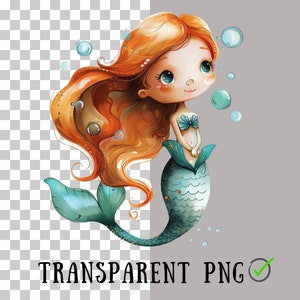 May include: Watercolor illustration of a mermaid with flowing orange hair, blue eyes, and a teal tail. She wears a seashell top and is surrounded by bubbles. The image has the text "TRANSPARENT PNG" with a green checkmark.