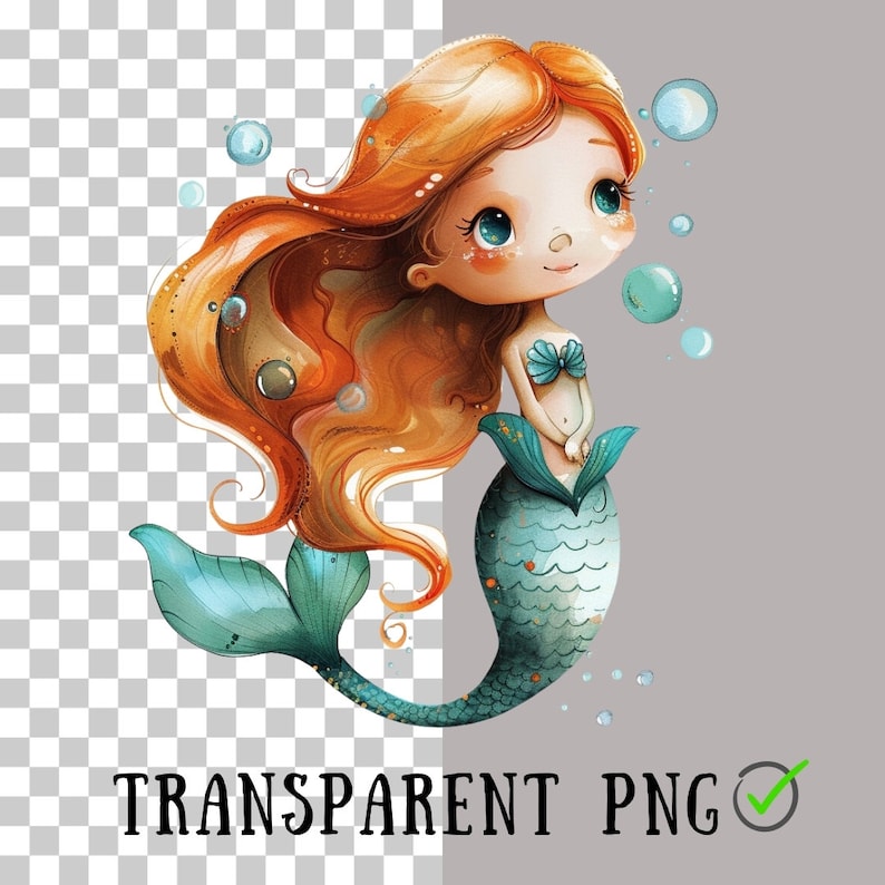 May include: Watercolor illustration of a mermaid with flowing orange hair, blue eyes, and a teal tail. She wears a seashell top and is surrounded by bubbles. The image has the text "TRANSPARENT PNG" with a green checkmark.