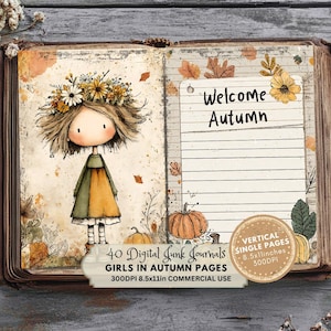 Puede incluir: Un diario abierto con ilustraciones otoñales. La página izquierda presenta una niña con una corona floral. La página derecha tiene papel rayado con el texto "Welcome Autumn". Incluye calabazas y hojas. El diario mide 21,59 x 27,94 cm.