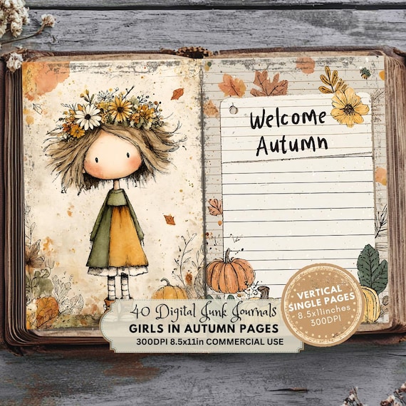 Autumn Junk Journal Pages: Cozy Fall Ephemera, Quirky Girls with Flowers (Digital Download)