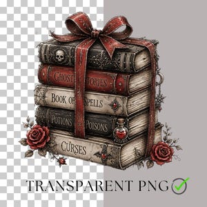 Puede incluir: Una pila de cinco libros de estilo antiguo atados con una cinta roja y un lazo. Los lomos est&aacute;n etiquetados como Ghost Stories, Book of Spells, Potions, Poisons y Curses. Los libros presentan motivos de calaveras, murci&eacute;lagos y corazones.