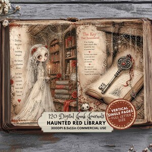 May include: A digital junk journal page titled The Key That Remembered, featuring a pale figure in a white gown holding a candle, a bookshelf, and an ornate metal key on an open book. Text includes 120 Digital Junk Journals, 8.5x11in.
