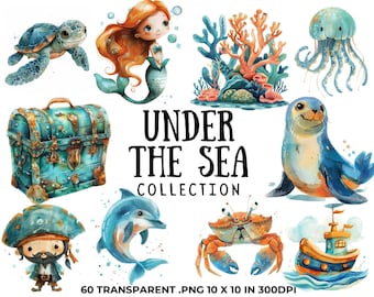 Watercolor Sea Life Clipart: Mermaid, Ocean Animals (PNG Digital Download)